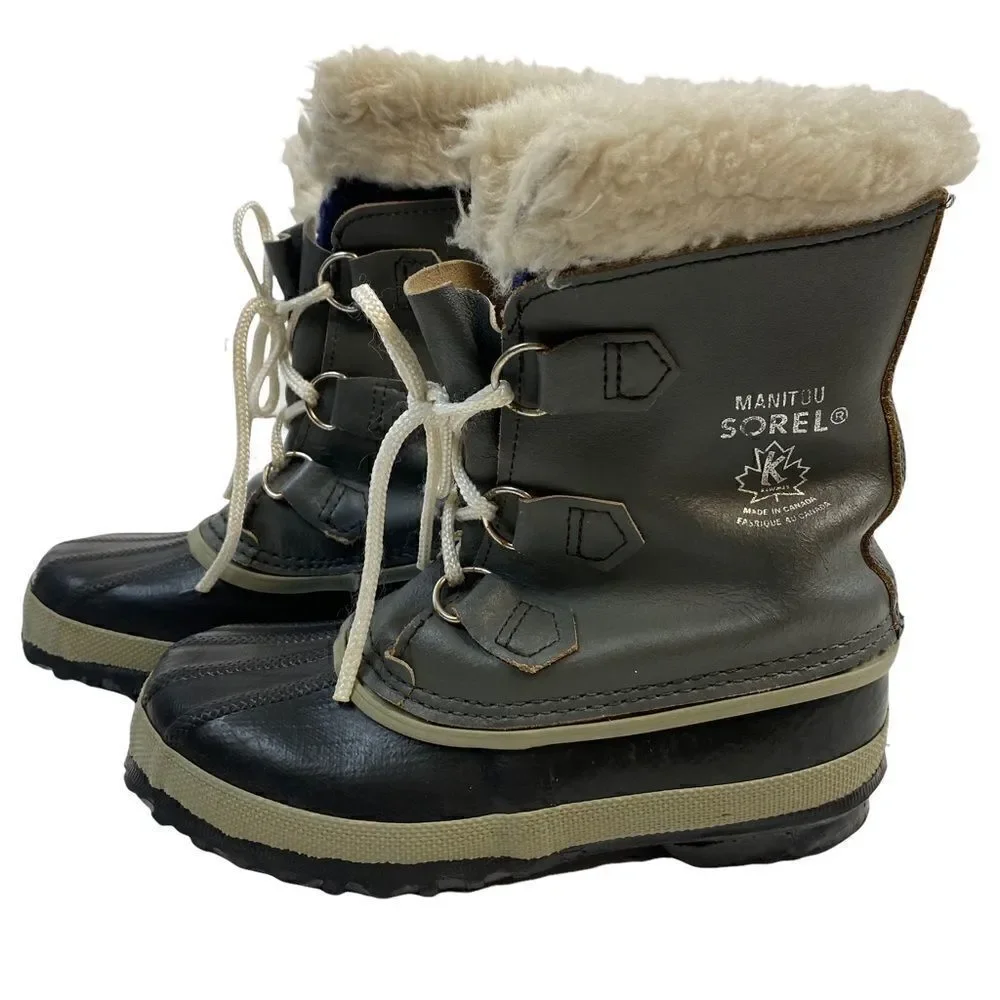 Sorel Unisex Gray Black Waterproof Faux Fur Lined Winter Snow Boots Size 3 Wool